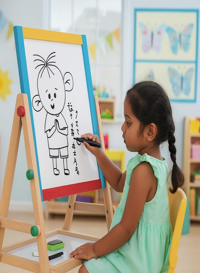 ABOUT SPACE Kids Board for Writing - Magnetic Black and White Board with Marker, Duster & Chalk | Portable & Adjustable with Stand | Double Sided Wooden Easel for Kids (37 x 88 cm) - Image 5